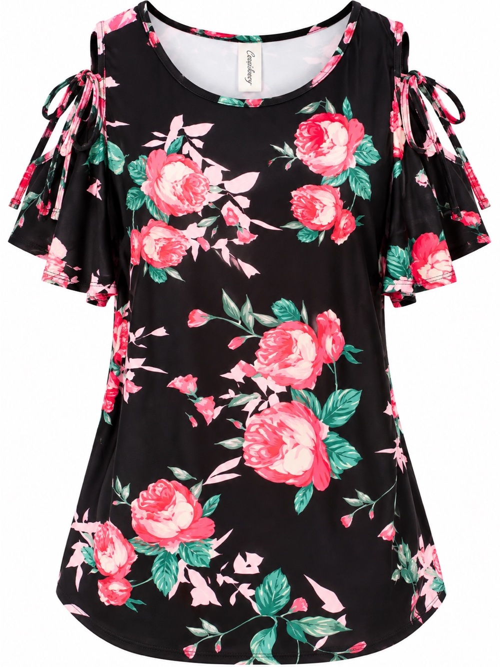 Cold-Shoulder Floral Blouse in Black with Pink Roses
